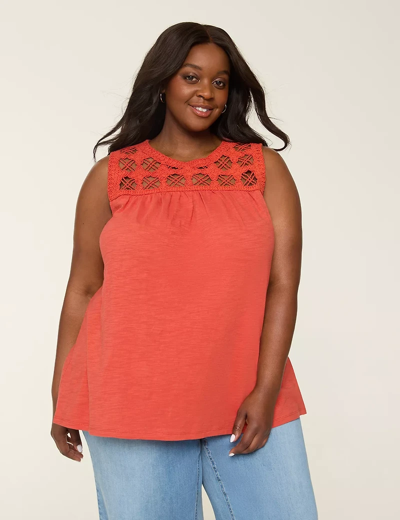 Sleeveless Crochet-Yoke Top