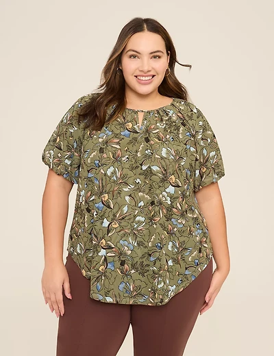 Bubble-Sleeve Notch-Neck Top