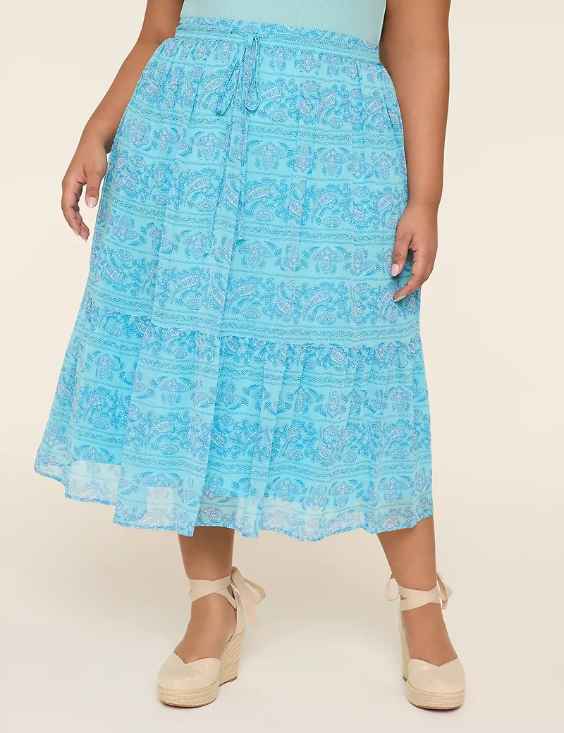 Drawstring-Waist Tiered Midi Skirt