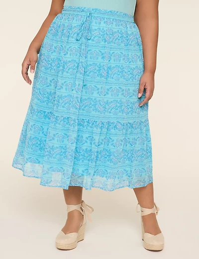 Drawstring-Waist Tiered Midi Skirt
