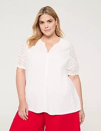 Eyelet & Knit Notch-Neck Top