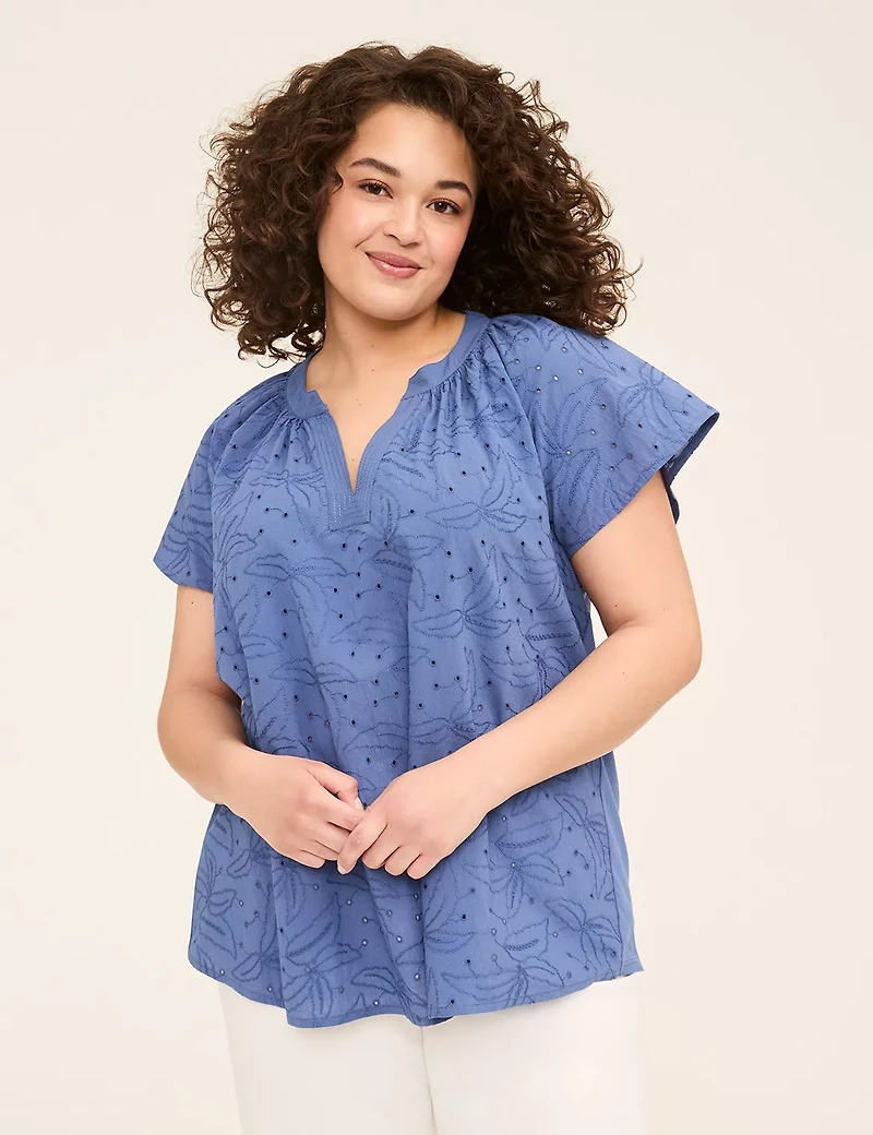 Eyelet & Knit Notch-Neck Top