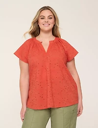 Eyelet & Knit Notch-Neck Top