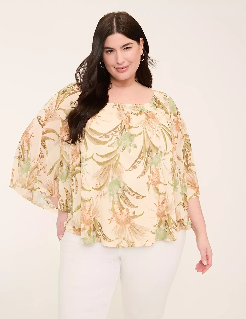 Mesh Smocked-Neck Circle Drama Top