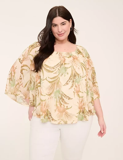 Mesh Smocked-Neck Circle Drama Top