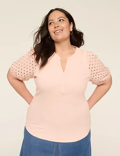 Eyelet-Sleeve Notch-Neck Rib Top