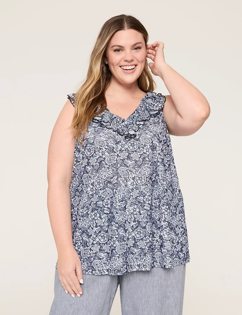 Sleeveless Ruffle V-Neck Mesh Top