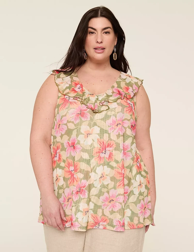 Sleeveless Ruffle V-Neck Mesh Top