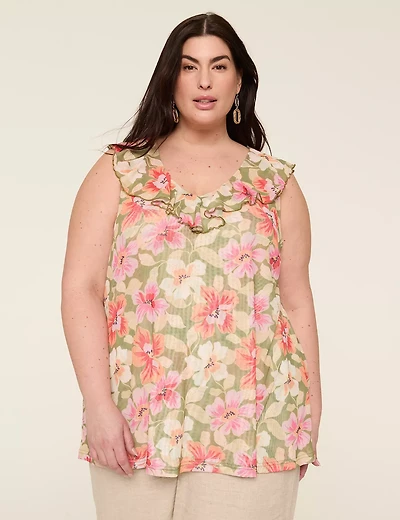 Sleeveless Ruffle V-Neck Mesh Top