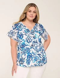 Eyelet-Sleeve V-Neck Top