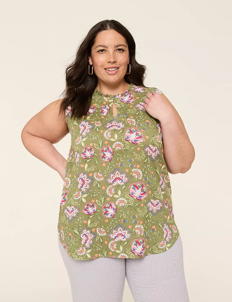 Ruffle Notch-Neck Textured Tank