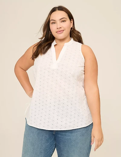 Eyelet Notch-Neck Side-Tie Popover Blouse