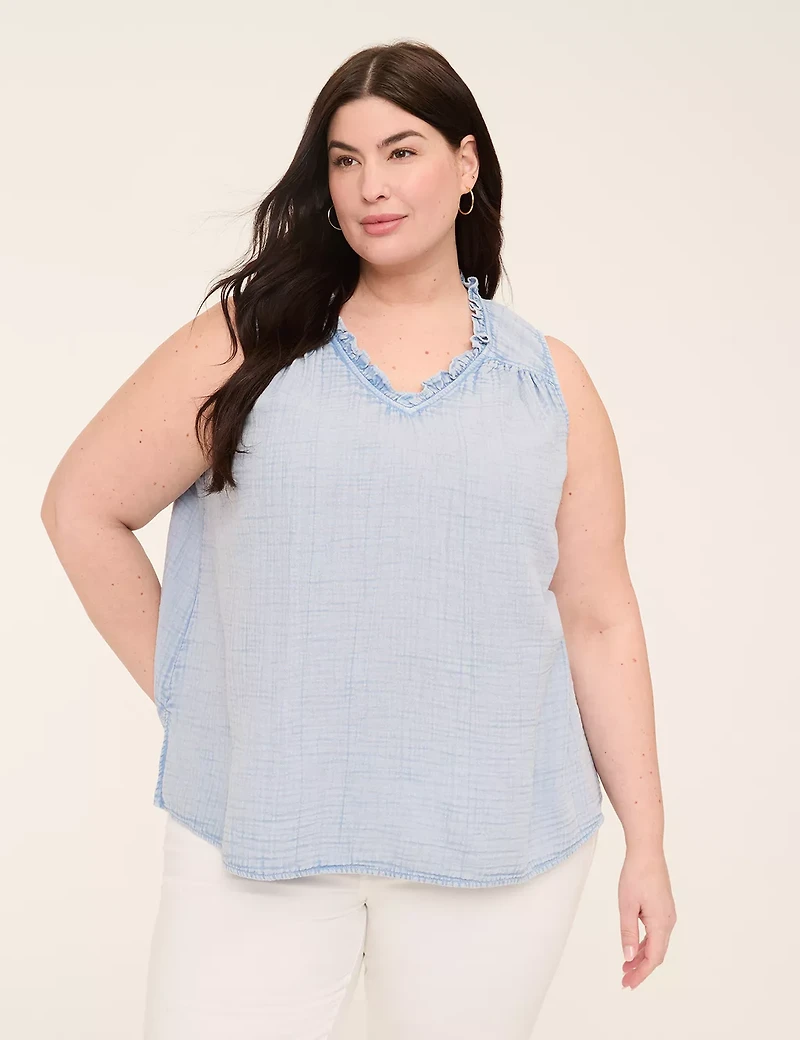 Gauze Notch-Neck Popover Tank
