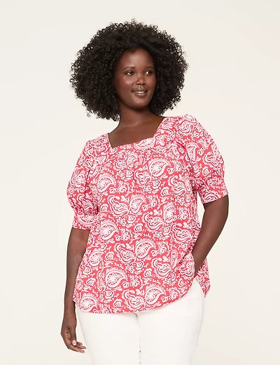 Swing Square-Neck Textured Peasant Blouse