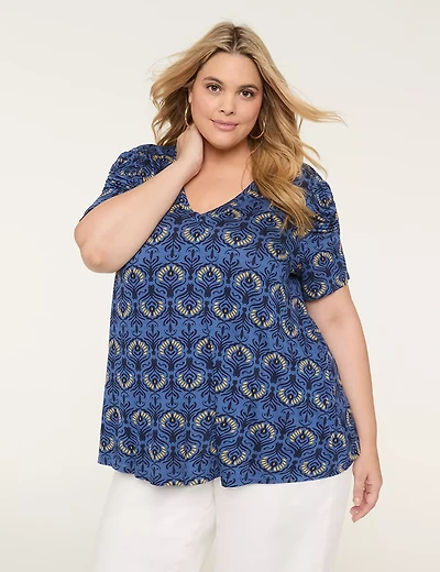 Shirred-Sleeve V-Neck Top