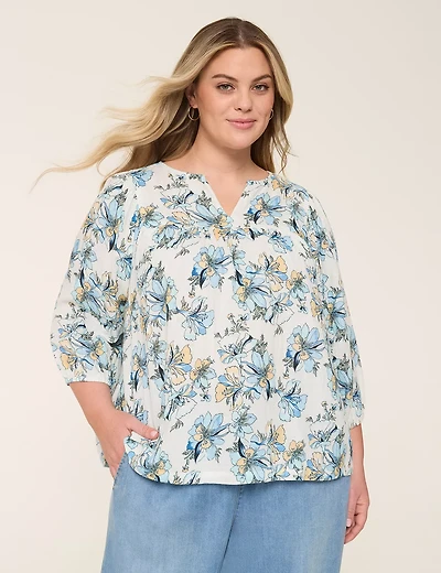 Gauze Swing Split-Neck Popover Top