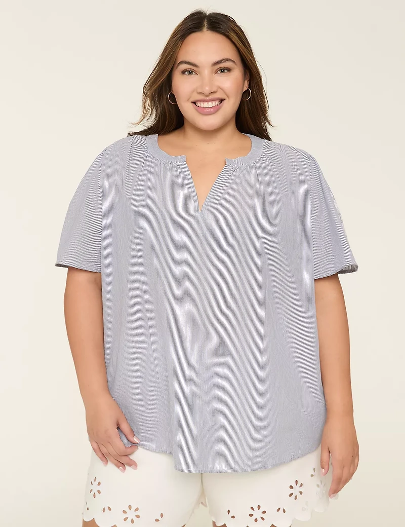 Embroidered Notch-Neck Popover Top