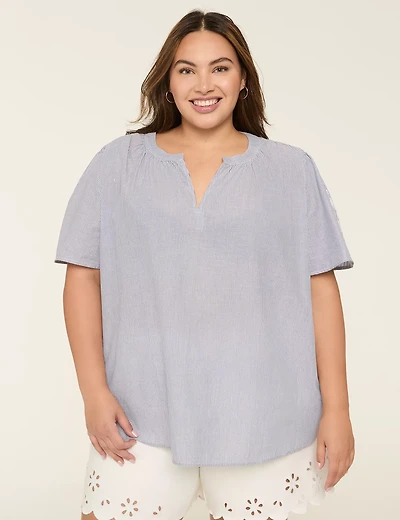 Embroidered Notch-Neck Popover Top