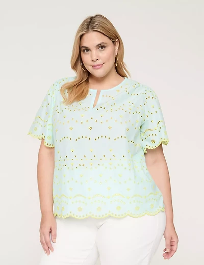 Eyelet Flutter-Sleeve Notch-Neck Top