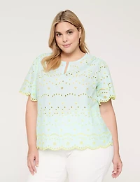 Eyelet Flutter-Sleeve Notch-Neck Top