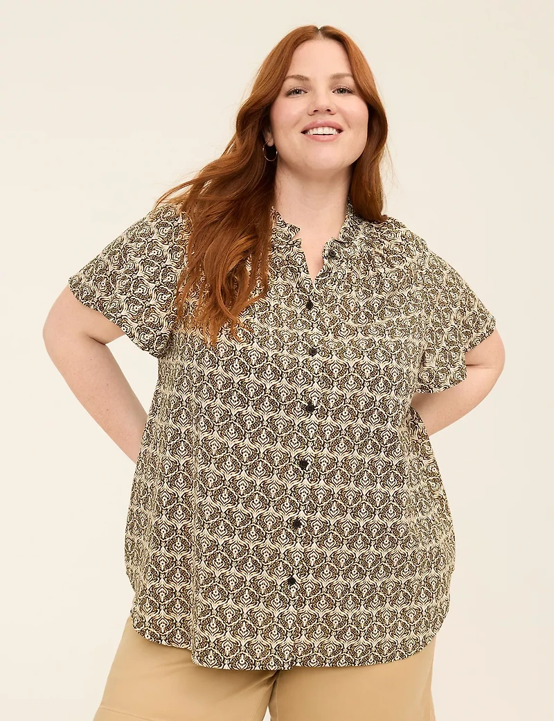Short-Sleeve Collared Popover Blouse