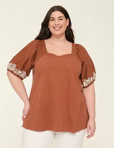 Embroidered Puff-Sleeve Square-Neck Top