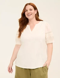 Woven & Knit Puff-Sleeve Notch-Neck Top