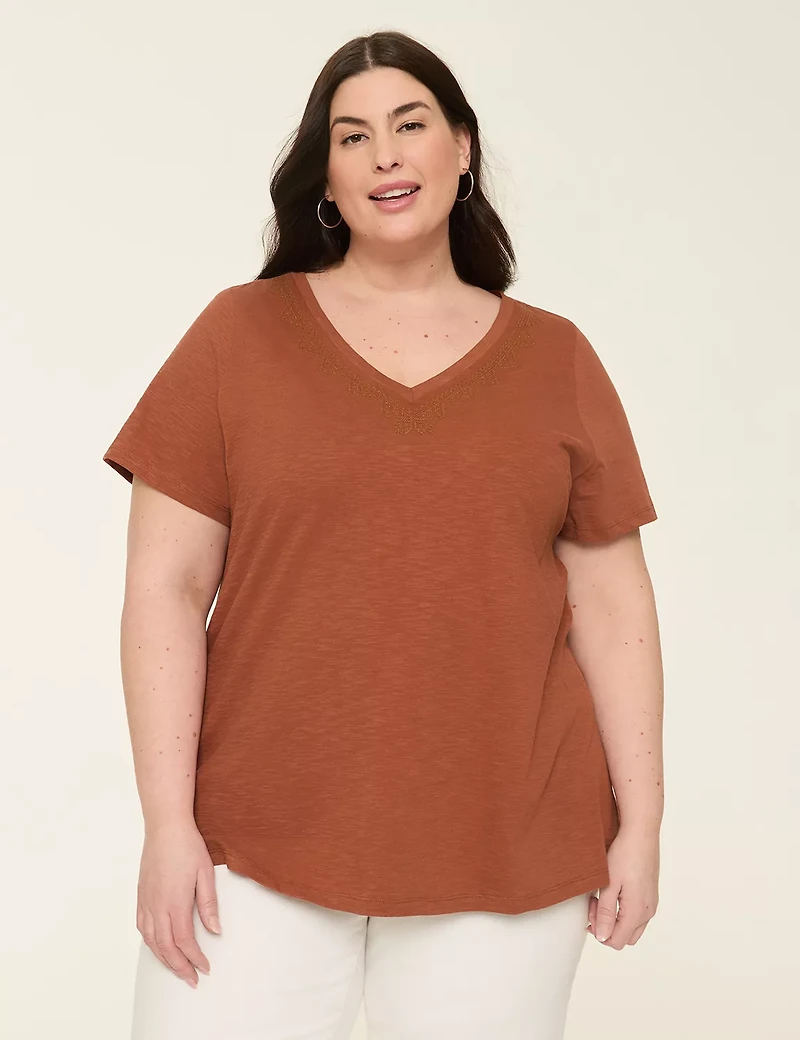 Embroidered V-Neck Tee