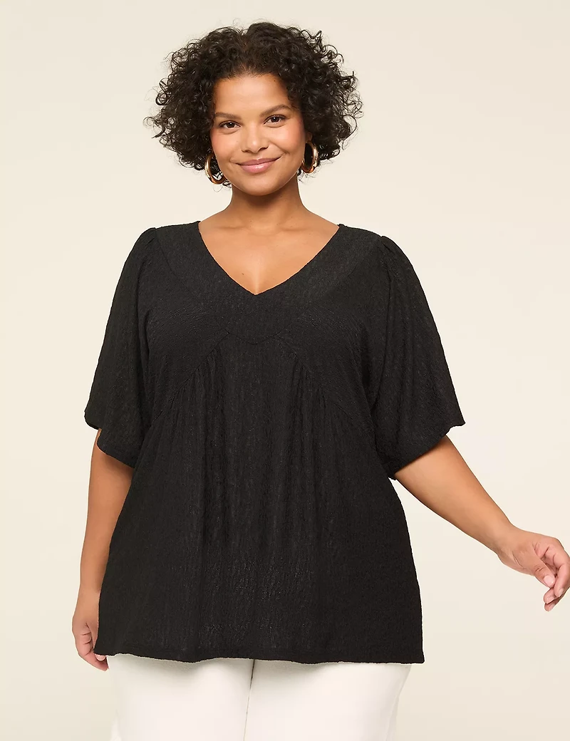 Dolman-Sleeve V-Neck Shirred Top