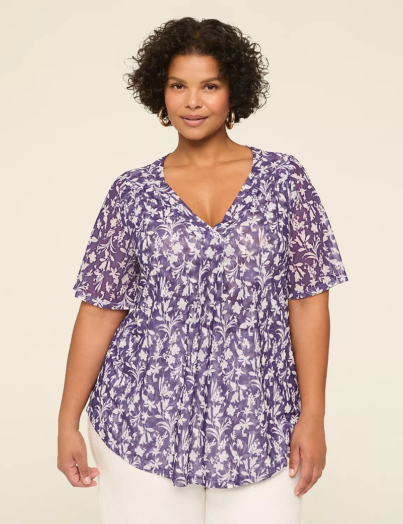 Mesh Flutter-Sleeve V-Neck Top