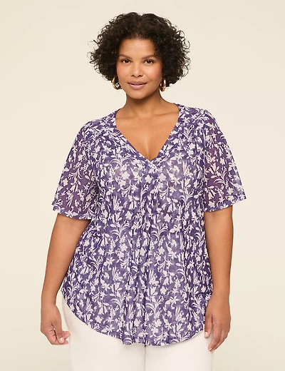 Mesh Flutter-Sleeve V-Neck Top