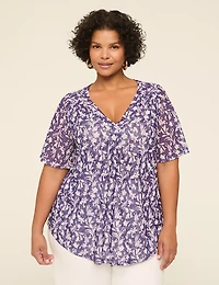 Mesh Flutter-Sleeve V-Neck Top