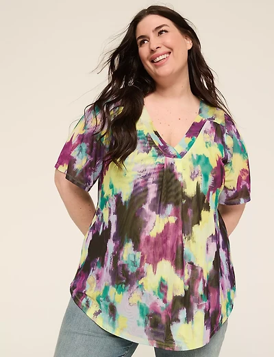 Mesh Flutter-Sleeve V-Neck Top