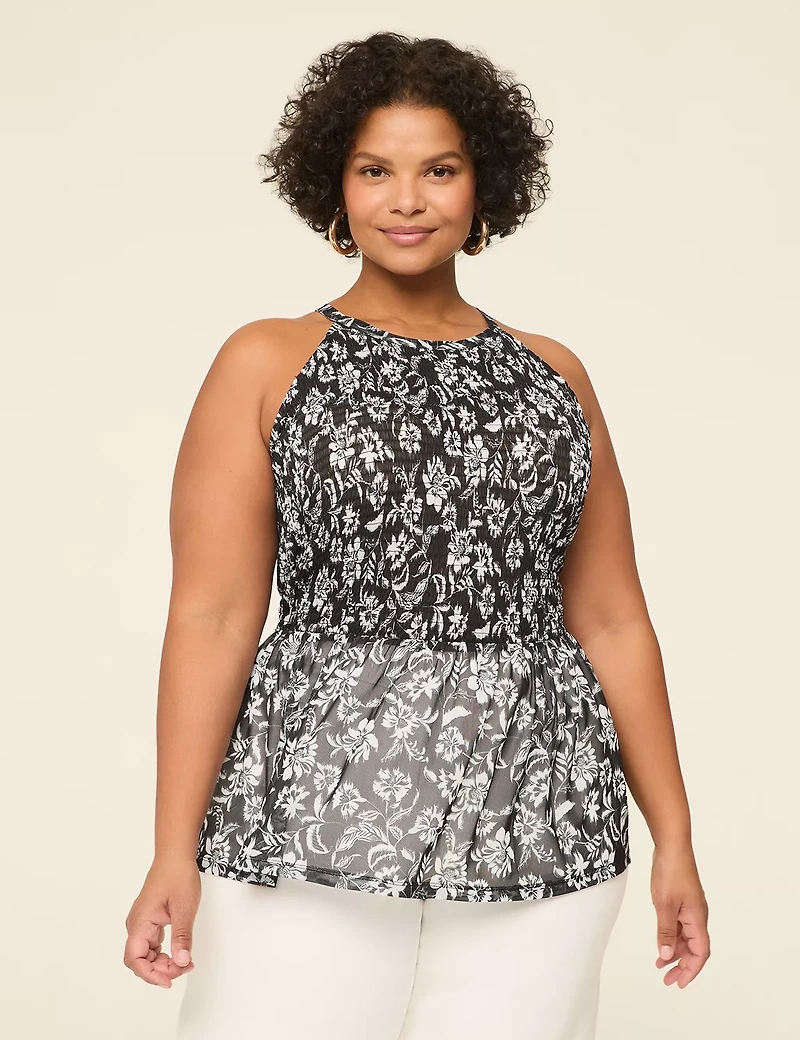 Mesh Halter-Neck Smocked Peplum Top