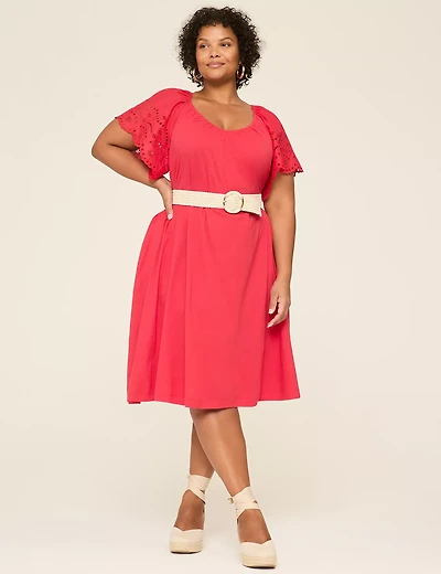 Eyelet-Sleeve Tie-Waist Dress