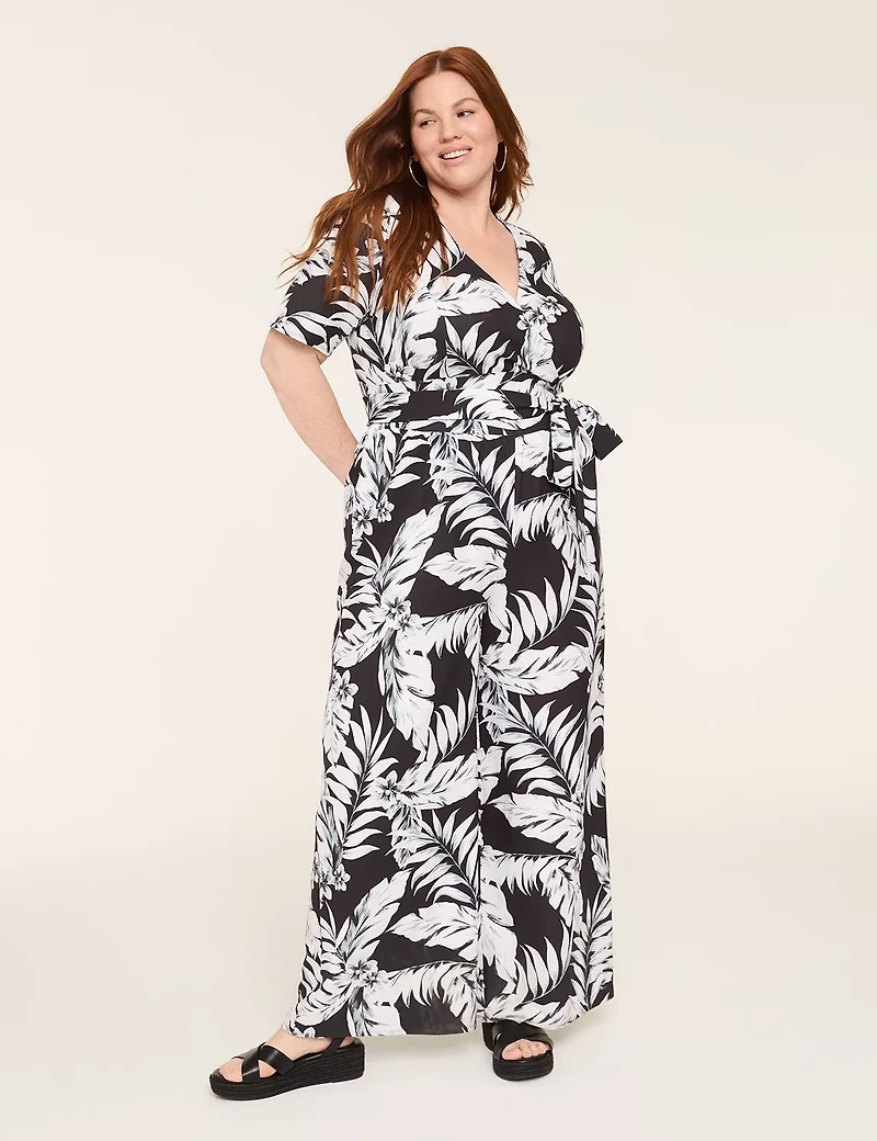 Lena Short-Sleeve Surplice Jumpsuit