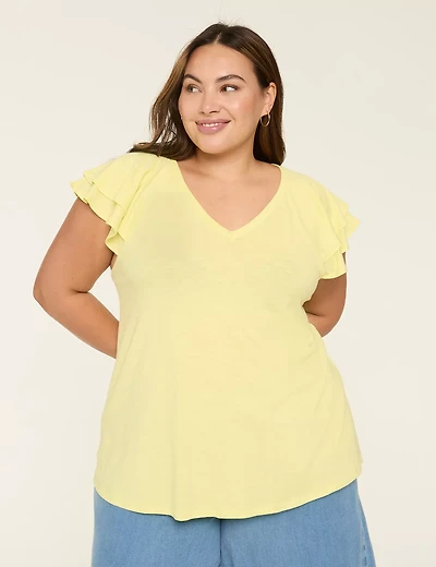 Double Flutter-Sleeve V-Neck Top