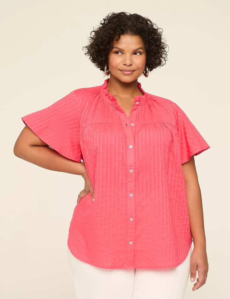 Ruffle-Neck Button-Down Top