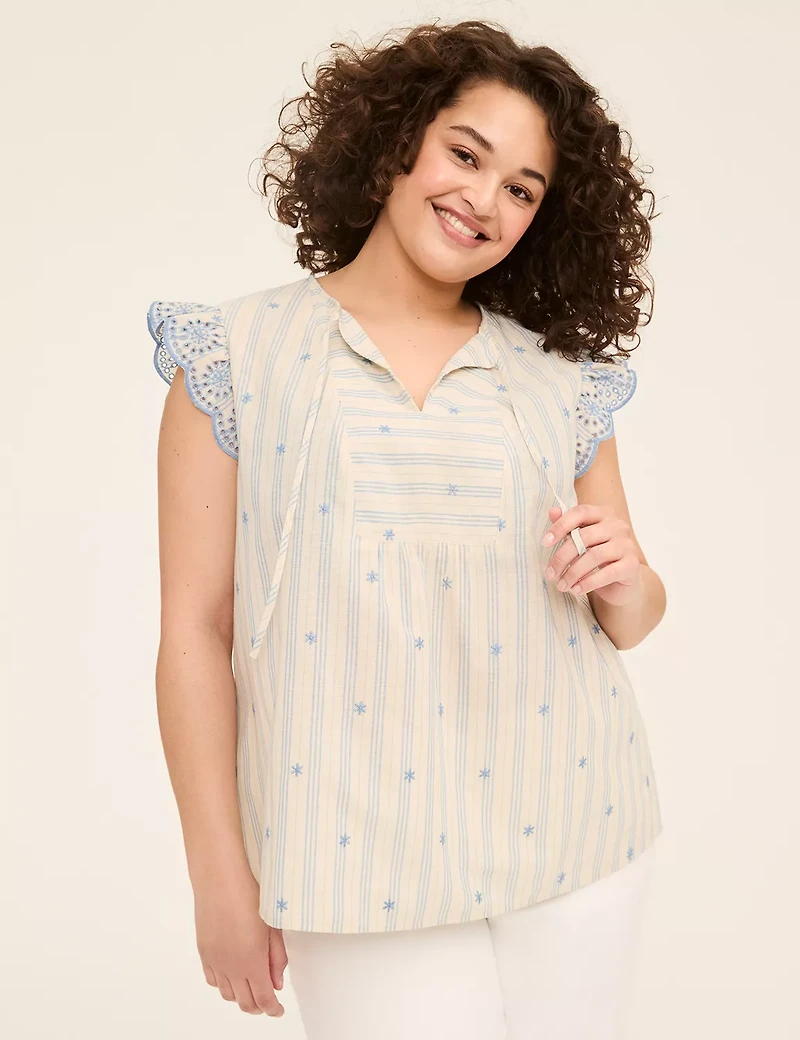 Swing Flutter Eyelet-Sleeve Popover Blouse