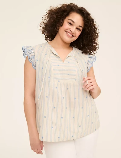 Swing Flutter Eyelet-Sleeve Popover Blouse