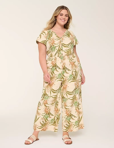 Smocked-Neck Button-Front Jumpsuit