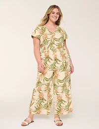 Smocked-Neck Button-Front Jumpsuit