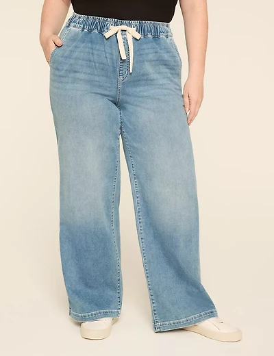 Pull-On Knit Denim High-Rise Wide Leg Jean