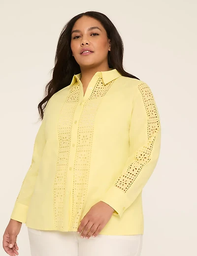 Eyelet-Detail Collared Button-Down Shirt
