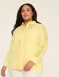 Eyelet-Detail Collared Button-Down Shirt
