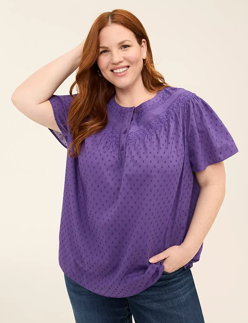 Relaxed Perfect Sleeve Lace-Trim Popover Blouse