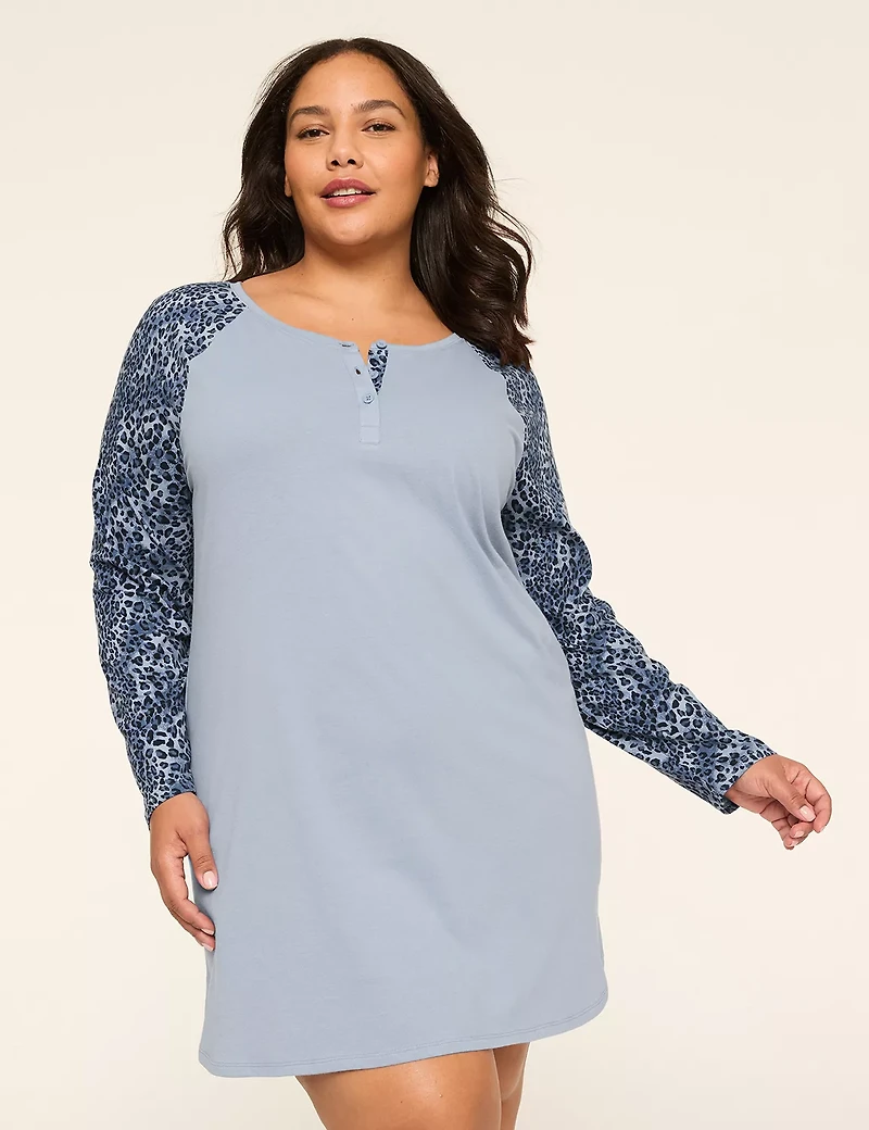 Comfy Cotton Print-Sleeve Henley Sleepshirt