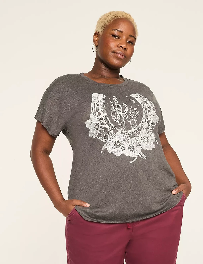 Glitter Flower & Horseshoe Dolman-Sleeve Graphic Tee