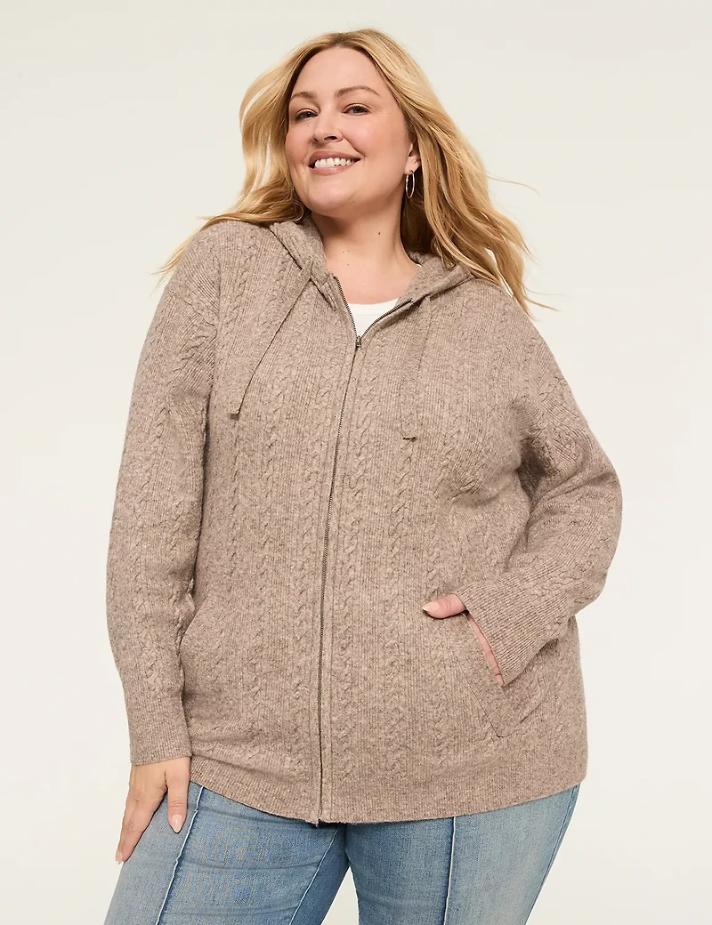 Cable Knit Zip-Front Hoodie Cardigan