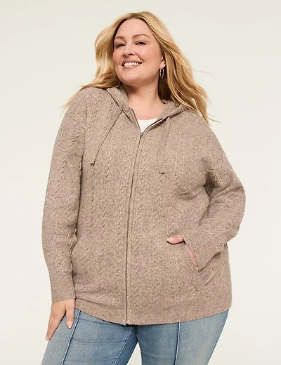 Cable Knit Zip-Front Hoodie Cardigan